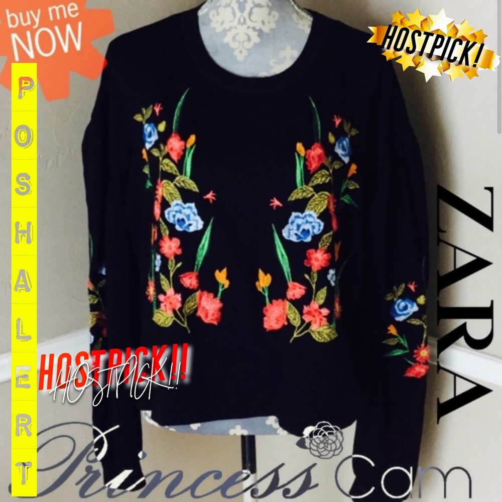 πZARA Floral Embroidered Crewneck Sweatshirt Sz M - Picture 4 of 8